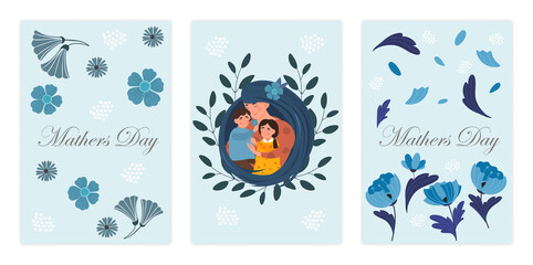 Set of mothers day. Collection of Greeting and invitation cards. Gift for beloved mother, postcard. Baby, flowers, hearts, text. Cartoon flat vector ilustrations isolated on white background
