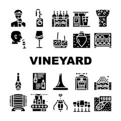 Vineyard Production Alcohol Drink Icons Set Vector. Wine Glasses With Different Taste Beverage, Fridge And Wooden Barrel Cork And Corkscrew, Vineyard Manufacturing Glyph Pictograms Black Illustrations