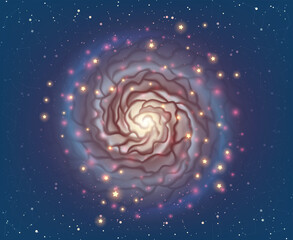 Magic spiral galaxy with neon glowing stars over deep dark space illustration in vector. Fantasy digital artwork with planets, stars as swirl bright plasma.