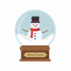 Snow globe with christmas snowman isolated on white background. Merry christmas glass ball. Christmas card. Vector stock