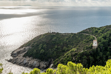 A glimpse of the island of Gorgona with the island of Capraia in the background, Livorno, Italy