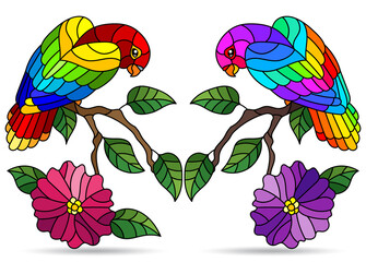 A set of illustrations in a stained glass style with cute birds and flowers, birds isolated on a white background