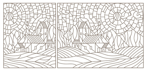 Fototapeta premium A set of contour illustrations in the style of stained glass with urban landscapes , dark contours on a white background