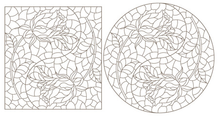 Set of contour illustrations in stained glass style with roses, dark contours on a white background