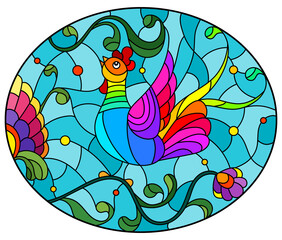 Stained glass illustration with a bright abstract bird on a background of leaves, flowers and blue sky, oval image