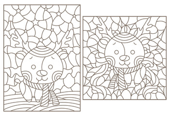 A set of contour illustrations in the style of stained glass on the theme of New Year holidays with cute deers, dark outlines on a white background