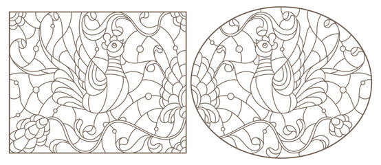 A set of contour illustrations in the style of stained glass with birds and flowers, dark contours on a white background
