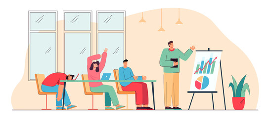 Team of office people tired of boring presentation of speaker. Tiresome lecture, cartoon characters at meeting flat vector illustration. Business training concept for banner or landing web page