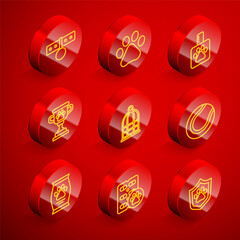 Set line Collar with name tag, Paw print, Pet shampoo, award, Cage for birds, Tennis ball, Bag of food and Dog pill icon. Vector