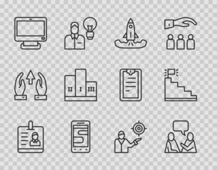 Set line Identification badge, Two sitting men talking, Rocket, Chat messages phone, Computer monitor, Award over winner podium, Marketing target strategy and Stair with finish flag icon. Vector