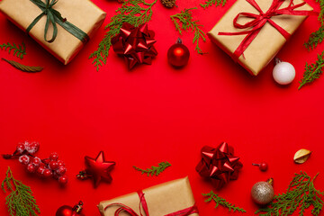 Christmas composition with decorations and ornametns on red background