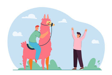 Happy rider riding funny pink llama. Male friends with cute animal from Peru flat vector illustration. Peruvian travel, nature, vacation concept for banner, website design or landing web page
