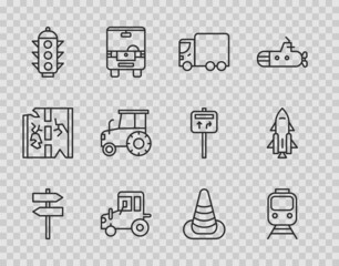 Set line Road traffic signpost, Train and railway, Delivery cargo truck, Tractor, Traffic light, cone and Rocket ship with fire icon. Vector