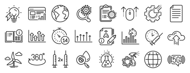Set of Science icons, such as Globe, Coronavirus spray, Instruction info icons. Coronavirus research, Web report, Full rotation signs. Growth chart, Upper arrows, Windmill turbine. 5g wifi. Vector