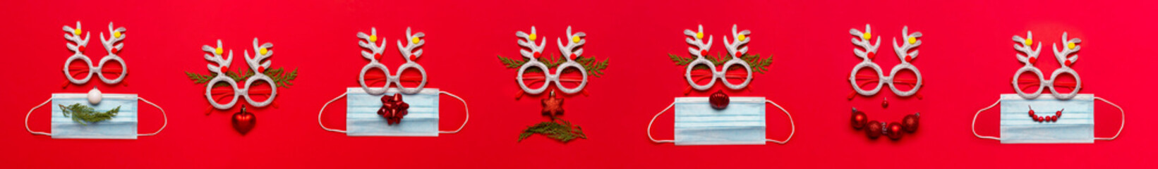 Christmas composition with decorations and ornametns on red background