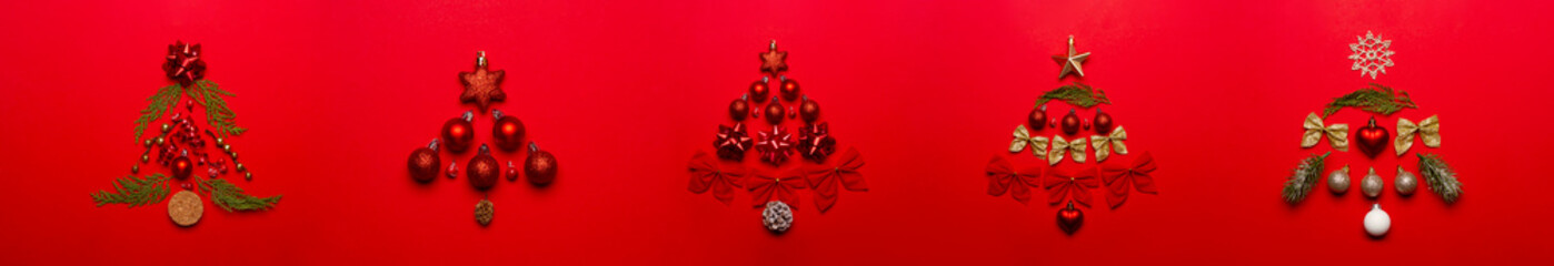 Christmas composition with decorations and ornametns on red background