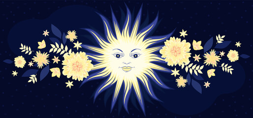 Sun with face and decorative flowers. Astrology symbol and mystic design element. Dark blue background.