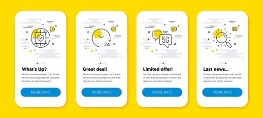 Vector set of Global insurance, 5g internet and 24 hours line icons set. UI phone app screens with line icons. Search icon. Full coverage, Wifi technology, Time. Find document. Vector