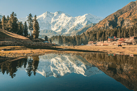 Nanga Parbat reflection in the lake, beautiful mountain view from Fairy Meadows, Pakistan