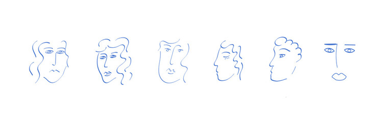 Set of trendy doodle abstract portrait on isolated white background. Collection of freehand Matisse inspired human faces. Contemporary art posters. Vector illustration.