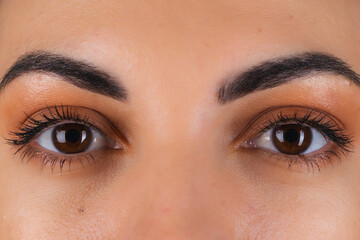 Close-up shot of a girl's eyes with natural warm makeup, eyes looking at the camera