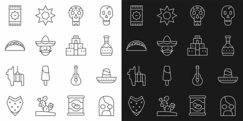 Set line Mexican wrestler, sombrero, Tequila bottle, skull, man, Taco with tortilla, carpet and Chichen Itza in Mayan icon. Vector
