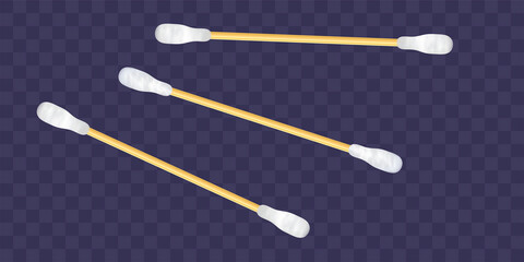 Set of realistic cotton buds. Cotton swabs for ears. 3D vector. Realistic illustration isolated on transparent background.