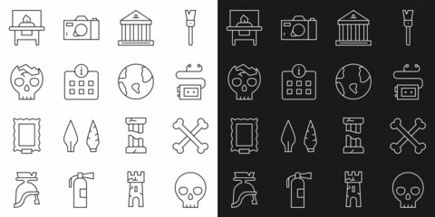 Set line Human skull, Crossed human bones, Museum audio guide, building, Information, Broken, Glass showcase exhibit and Earth globe icon. Vector