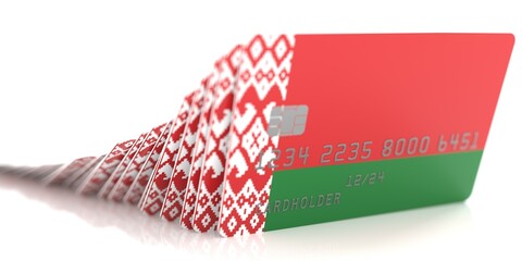 Fototapeta premium Line of fallen credit cards with flags of Belarus on white background, 3d rendering