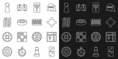 Set line Domino, Bingo, Puzzle pieces toy, Mahjong, Checker game chips, Board, Chip for board and icon. Vector