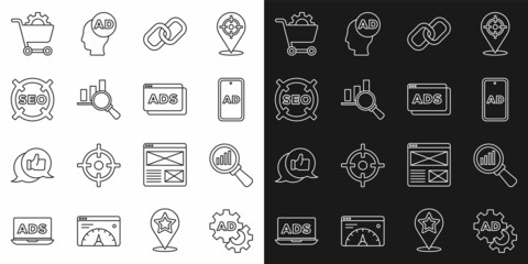 Set line Advertising, Magnifying glass and analysis, Chain link, SEO optimization, Shopping cart and icon. Vector