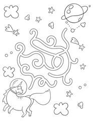 Simple space maze with unicorn for kids. Coloring page with labyrinth for kids.