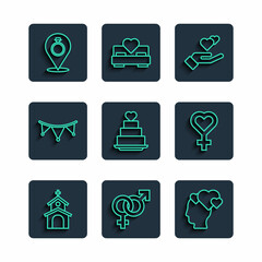 Set line Church building, Gender, Head with heart, Heart hand, Wedding cake, Carnival garland flags, rings and Female gender symbol icon. Vector