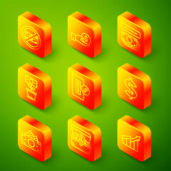 Set line No money, Hand giving, ATM, Money plant the pot, Inserting coin, Dollar symbol, Stacks paper cash and Treasure chest icon. Vector