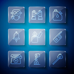 Set line Telephone call 911, Bucket extinguishing fire, Burning match with, Canister fuel, Lighter, Ringing alarm bell, Gas mask and Walkie talkie icon. Vector