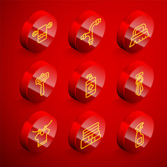 Set line Towel on a hanger, Industry metallic pipe, Brush for cleaning, Shaving razor, Hand sanitizer bottle, Drying clothes and stack icon. Vector