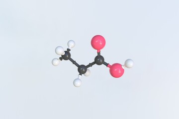 Propanoic acid molecule made with balls, scientific molecular model. 3D rendering