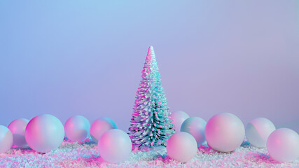 Christmas scene with pine tree, decorative baubles and snow on iridescent neon background. Creative...