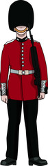 British Royal Guardsman at Buckingham Palace in London on a white background.