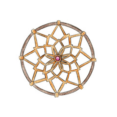 Watercolor circle dreamcatcher made of ropes with knots and a pink bead. Ethnic ammulet with lace pattern. Hand drawn natural element isolated on white background.