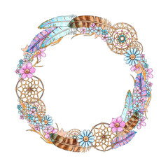Watercolor frame wreath of bird feathers, dreamcatchers amulets, flowers, leaves. Garland made of natural magic decor. Hand drawn element isolated on white background.
