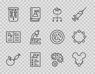 Set line Genetically modified apple, Experimental mouse, food, Clinical record, animal, Microscope, Virus and Chemical formula icon. Vector