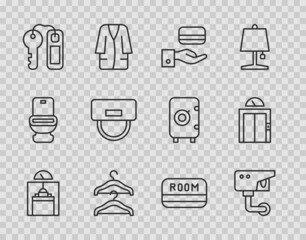 Set line Lift, Security camera, Digital door lock, Hanger wardrobe, Hotel key, Bellboy hat, card and icon. Vector