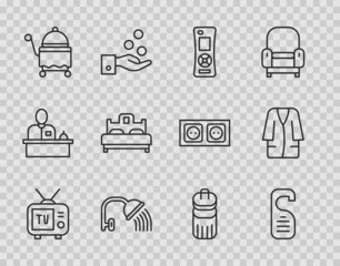 Set line Retro tv, Please do not disturb, Remote control, Shower head, Covered with tray, Bedroom, Trash can and Bathrobe icon. Vector