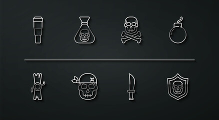 Set line Spyglass telescope lens, Decree, parchment, scroll, Bomb ready to explode, Pirate sword, Skull, coin, Shield with pirate skull and on crossbones icon. Vector