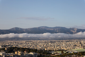 Aerial view of Athens city with fog