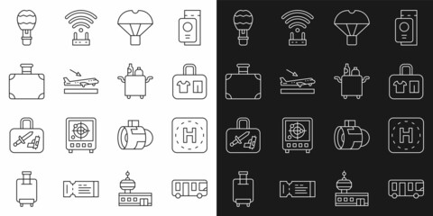 Set line Airport bus, Helicopter landing pad, Suitcase, Box flying on parachute, Plane, Hot air balloon and Trolley for food icon. Vector