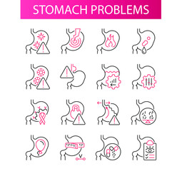 Symptoms of stomach problems. Line icon concept
