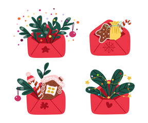 Set of New Year's envelopes. Isolated hand drawn mail envelopes in cartoon style. Envelopes filled with spruce branches, decorations, sweets. Vector illustration for web and print.