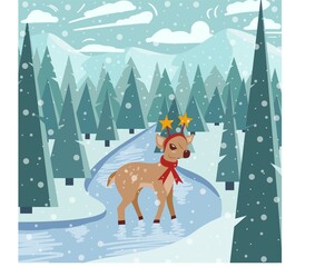 The image of a winter fawn in a scarf and funny horns against the background of a spruce forest and mountains.